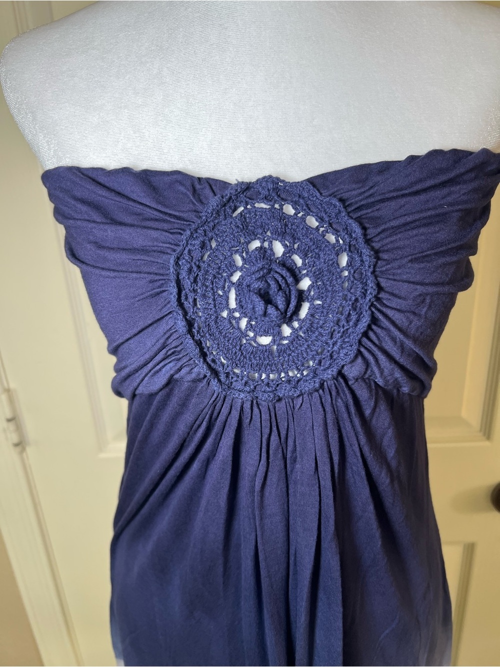 RAVYA Strapless Blue Ombre Dip Dye Tube Dress Crochet Rosette Size L Boho - Picture 6 of 9